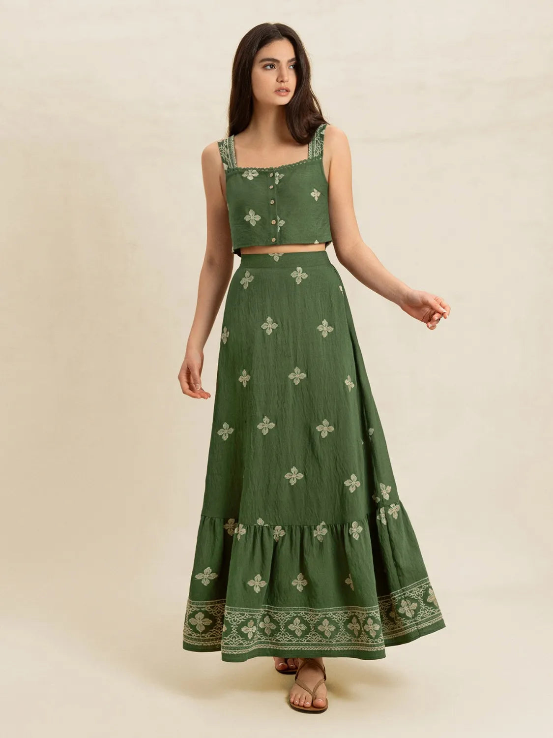 Embroidered Square Neck Cami and Skirt Set