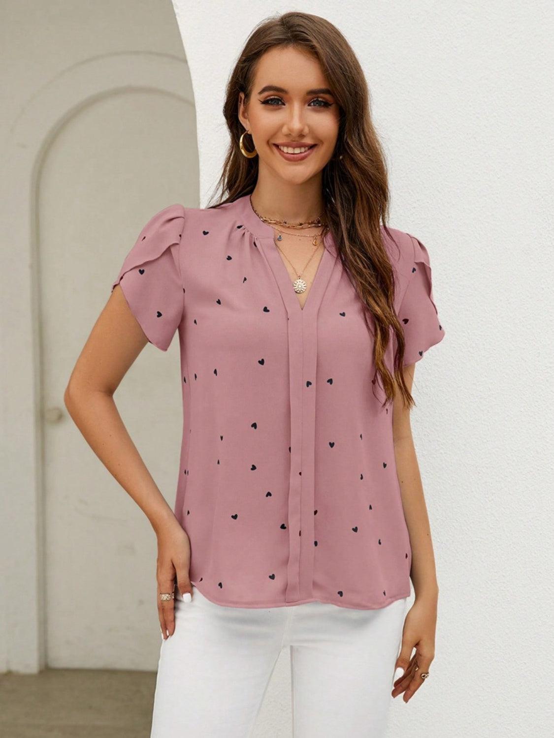 Heart Print Notched Petal Sleeve Blouse Moonlit Mauve