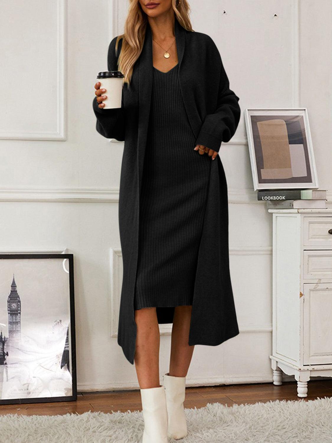 V-Neck Cami Dress and Open Front Cardigan Sweater Set Black One Size