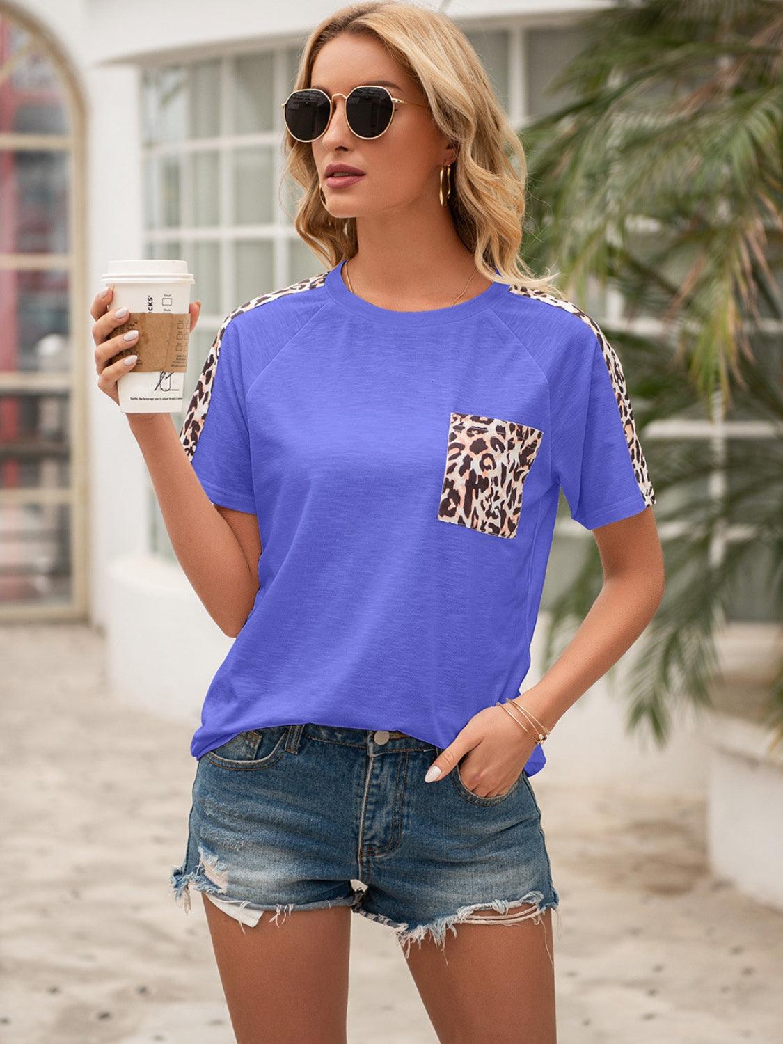 Ivy Lane Pocketed Leopard Round Neck Short Sleeve T-Shirt Blue