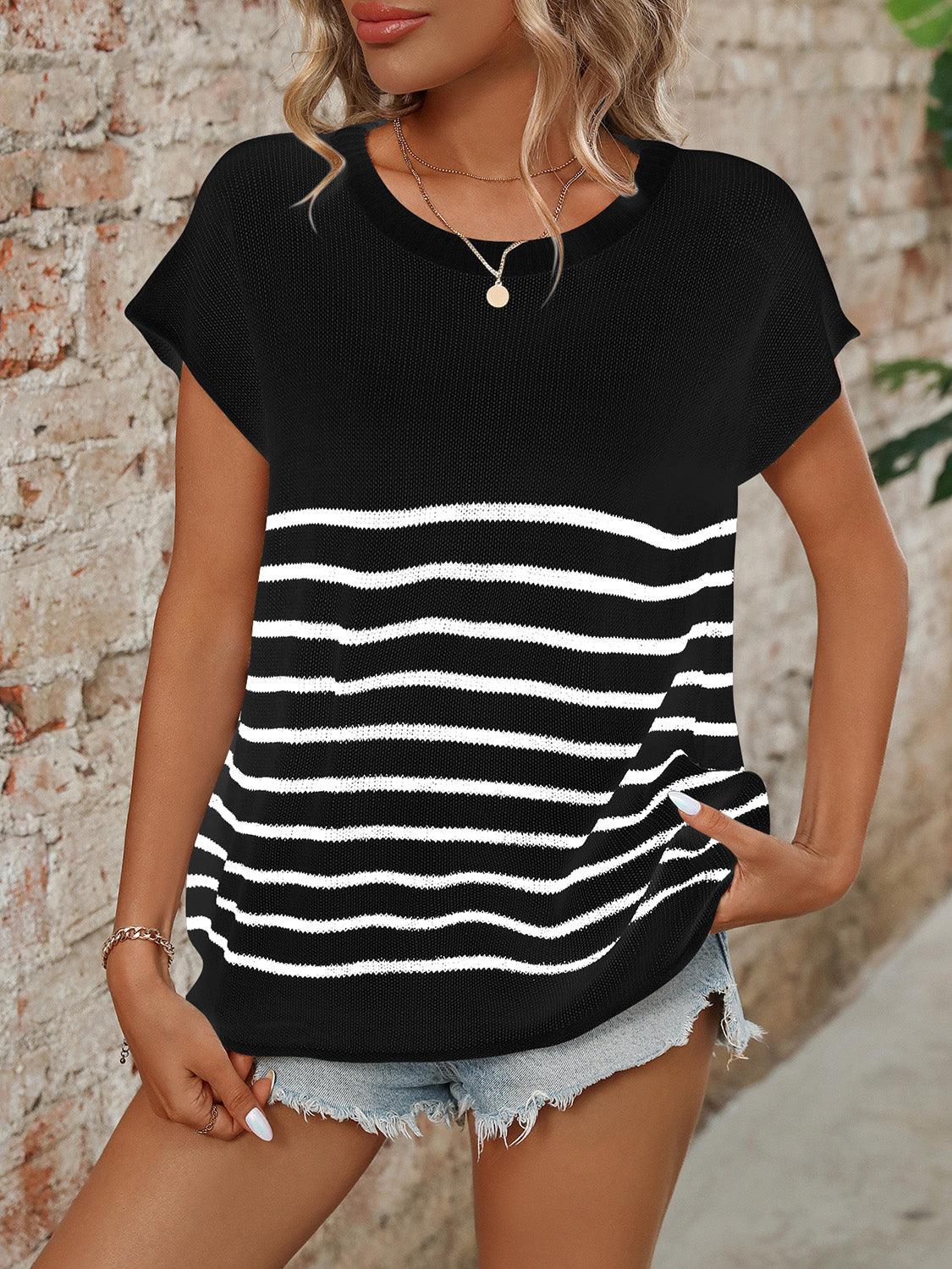 Mandy Striped Round Neck Short Sleeve Knit Top Black