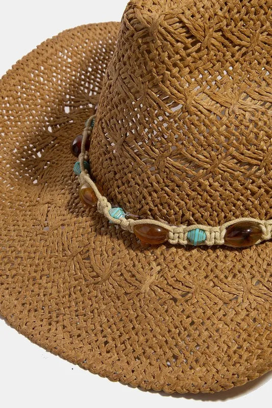 Fame Mixed Beaded And Rope Western Fedora Straw Hat