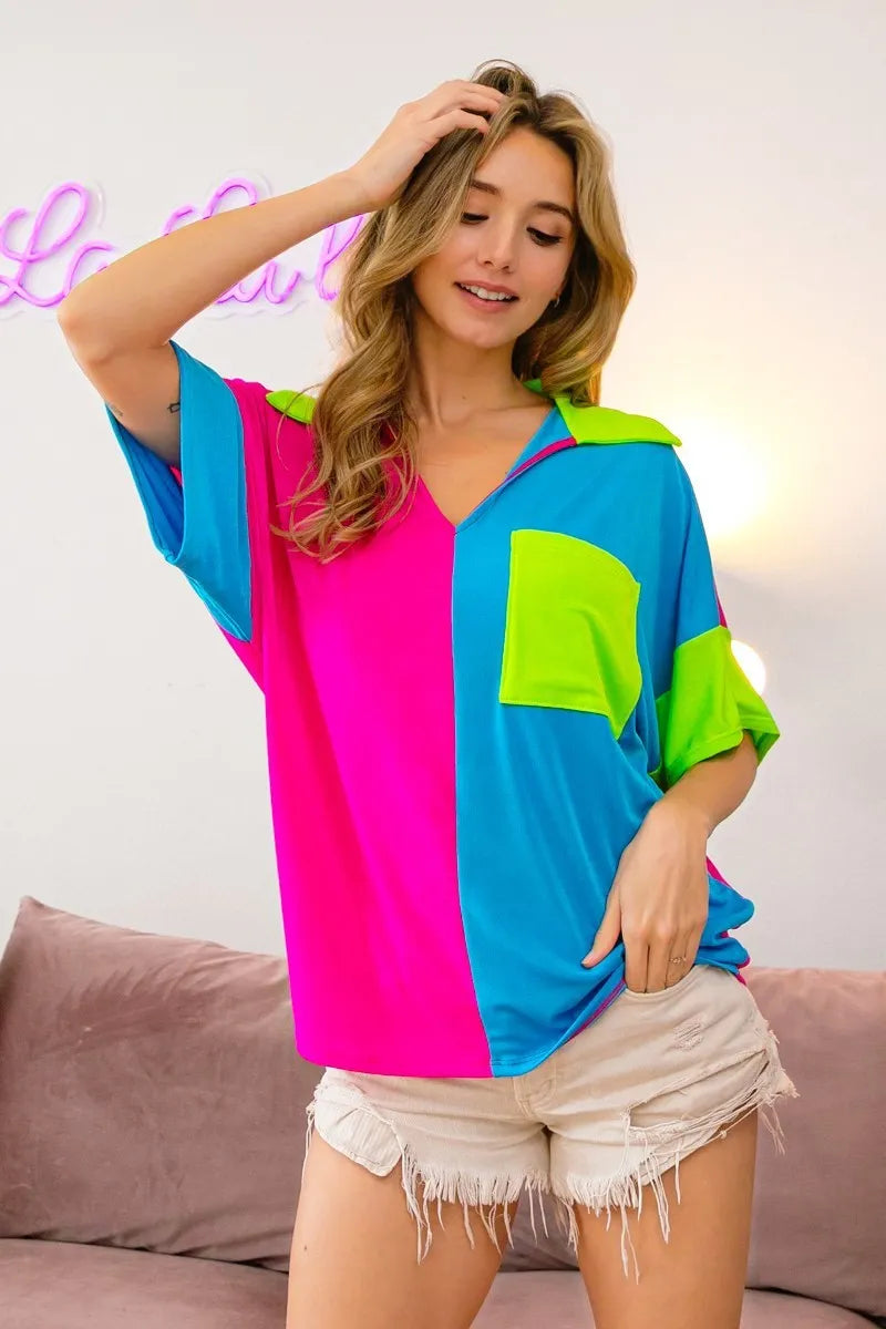 BiBi Slinky Knit Color Block V Neck Front Top FUCHSIA TURQU N.GREE