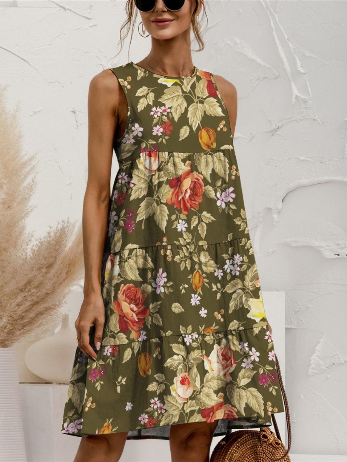 Tiered Printed Round Neck Sleeveless Dress Moss