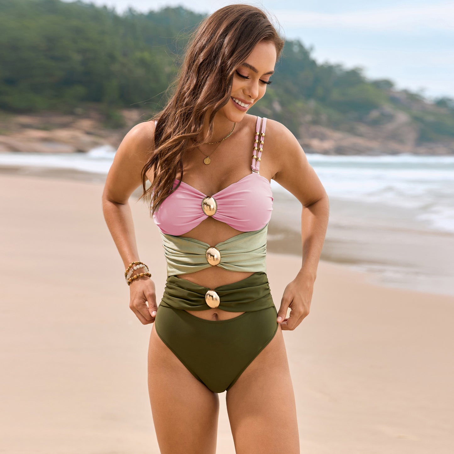 Color Block Sweetheart Neck One-Piece Swimwear Blush Pink M