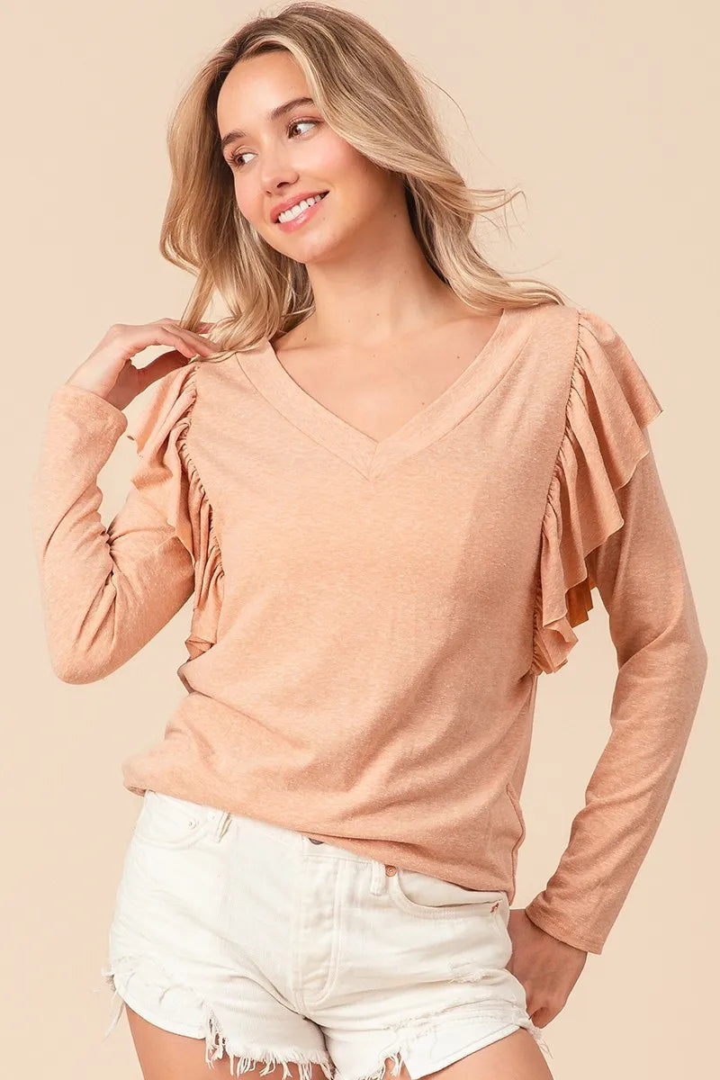 BiBi Triblend V Neck Top with Shoulder Shrring Detail