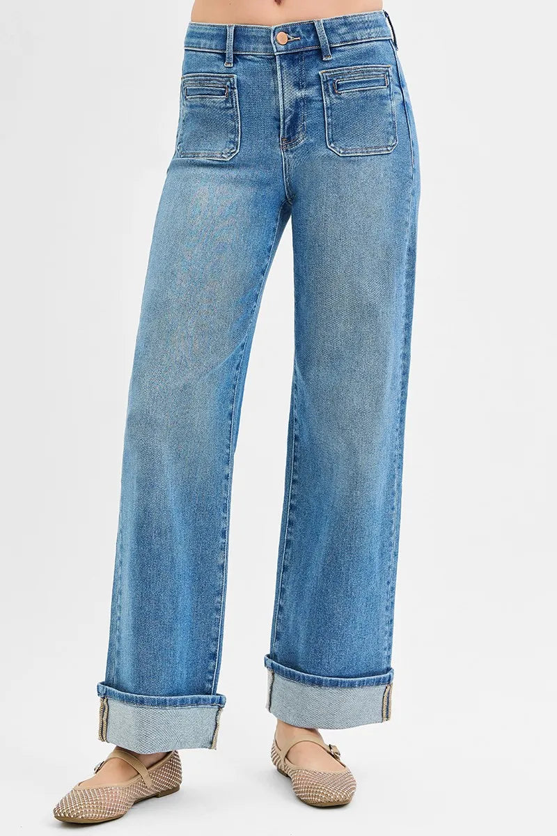 RISEN Full Size Elastic Band Mid Rise Wide Front Patch Pocket Cuff Jeans Plus Size MEDIUM