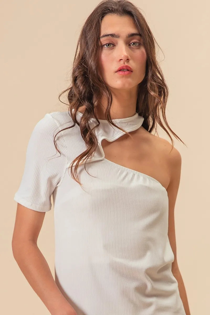 BiBi Soft Rib Knit with Cut Out One Shoulder Top