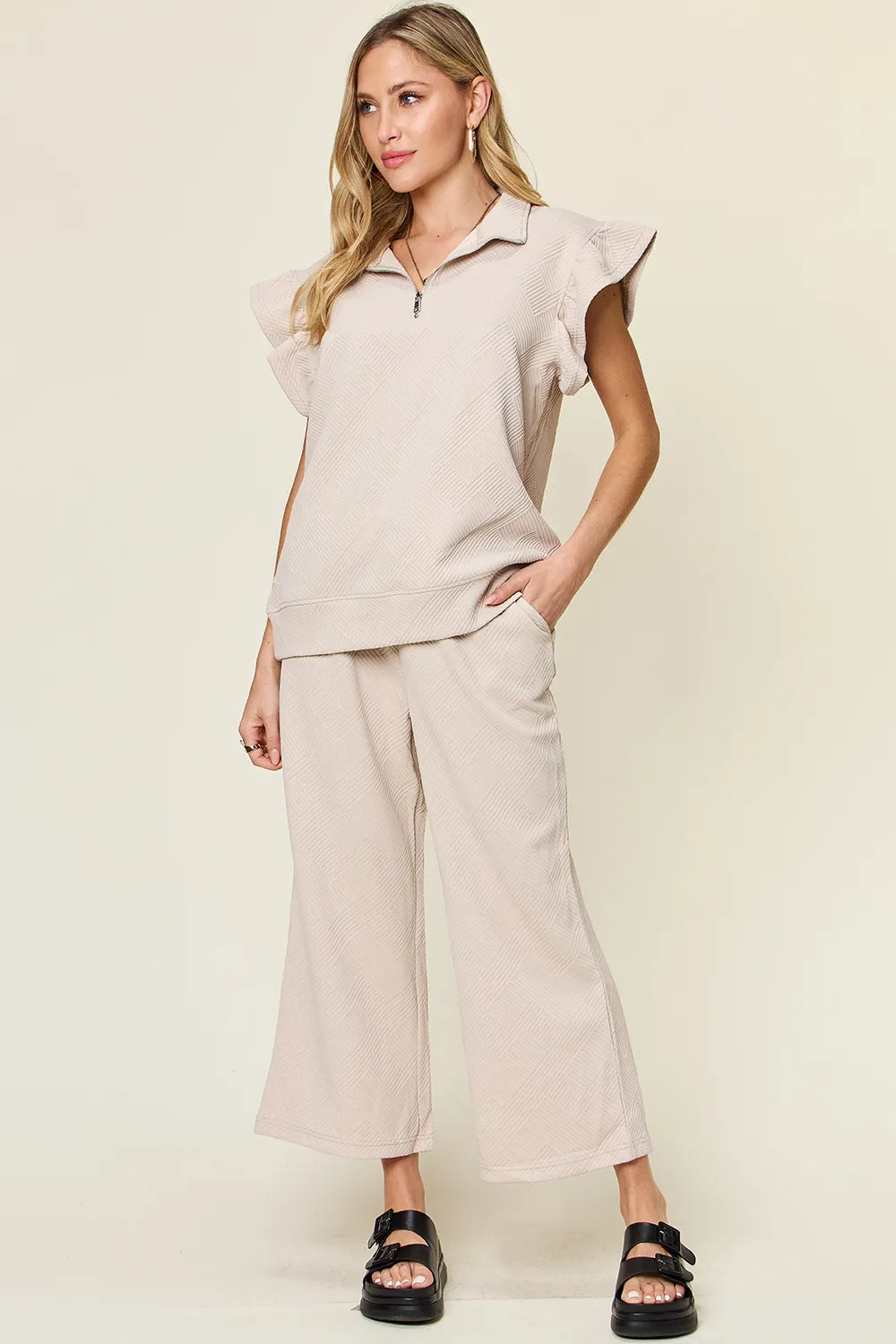 Double Take Texture Ruffle Short Sleeve Top and Drawstring Wide Leg Pants Set Dust Storm