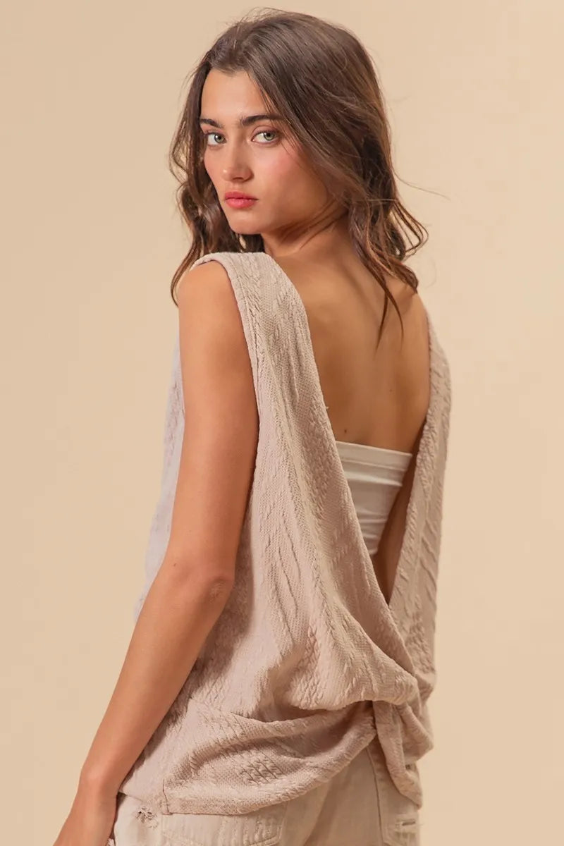 BiBi Textured Sweather Knit Twist Back Sleeveless Top LT TAUPE