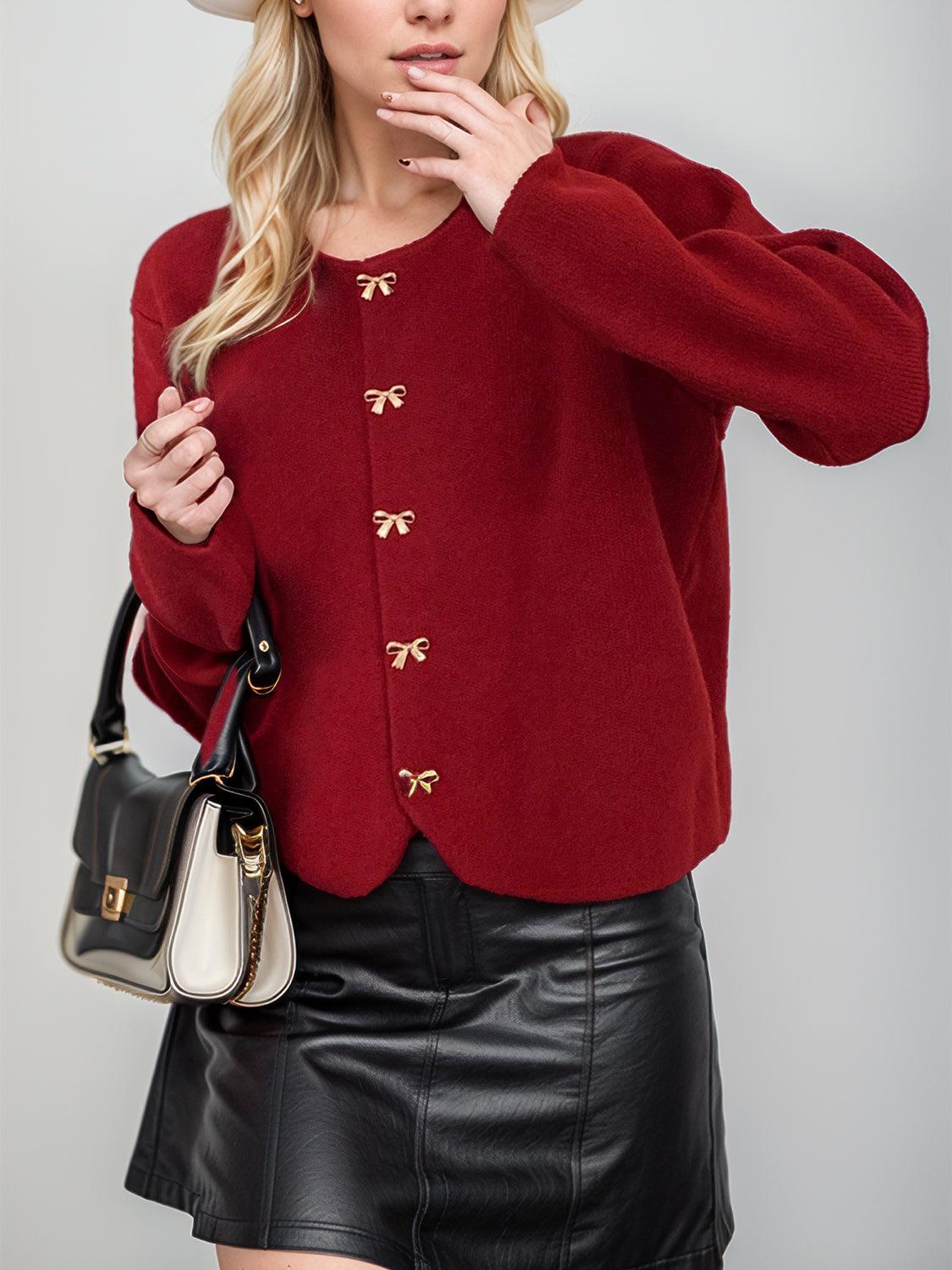 Bow Button Down Round Neck Long Sleeve Cardigan Burgundy One Size