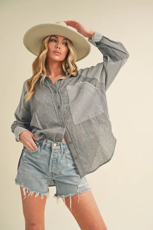 Aemi + Co Striped Collared Neck Lantern Sleeve Shirt