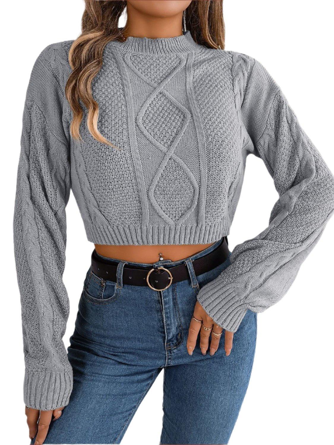 Cable-Knit Round Neck Cropped Sweater Charcoal