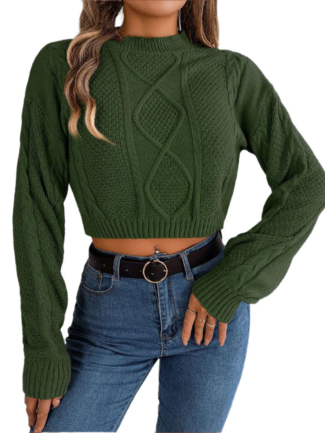 Cable-Knit Round Neck Cropped Sweater Army Green