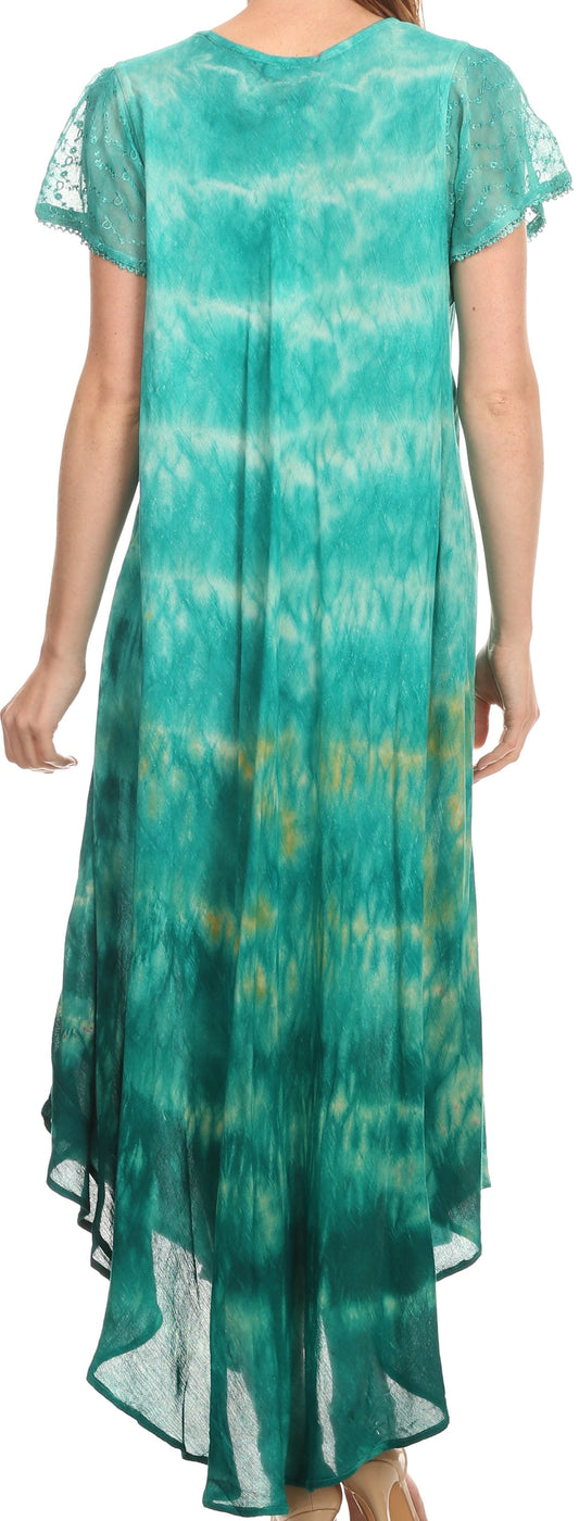 Sakkas Kaylaye Long Tie Dye Ombre Embroidered Cap Sleeve Caftan Dress / Cover Up