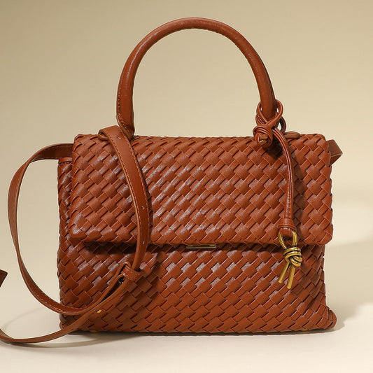 Faux Leather Woven Structured Top Handle Handbag Crossbody Bag