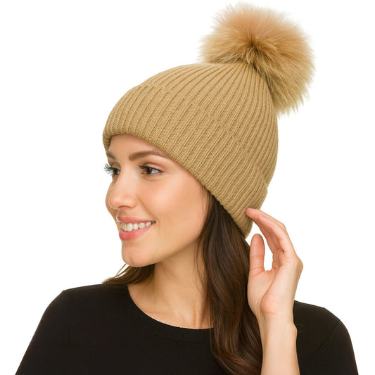 Genuine Fox Fur Pom Pom Ribbed Knit Winter Beanie Hat