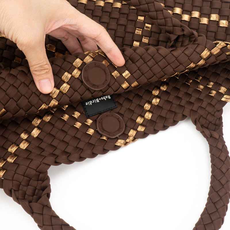 The Charli | Large Woven Neoprene Tote with Wristlet | Cocoa with Gold Stripe