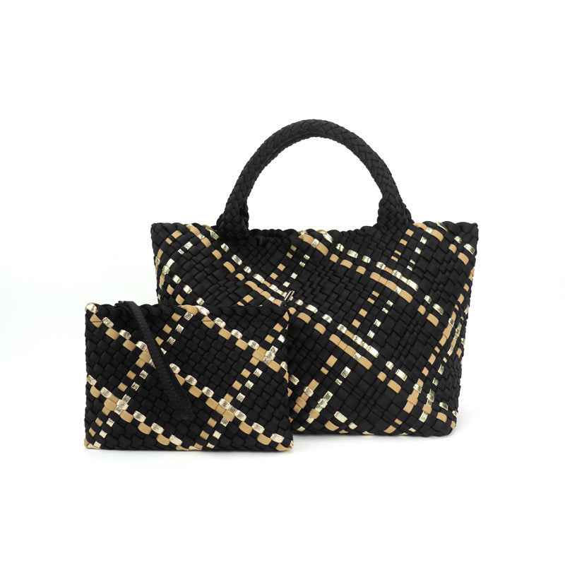 The Charli | Large Woven Neoprene Tote with Wristlet | Onyx with Mocha Stripe