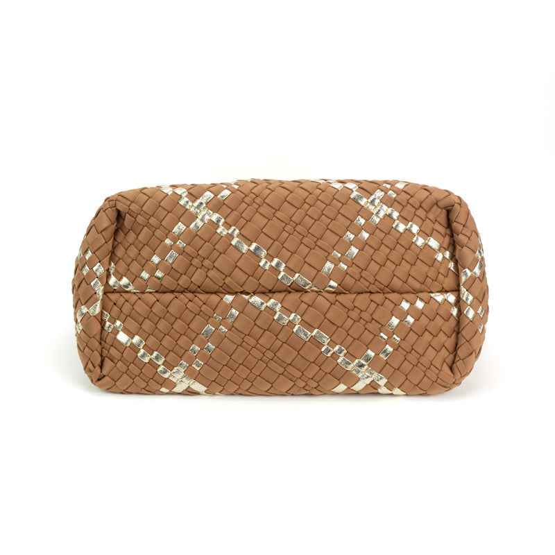 The Charli | Large Woven Neoprene Tote with Wristlet | Almond with Gold Stripe