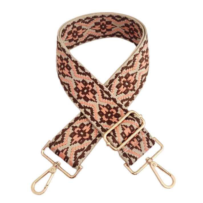 Brown & Apricot Medallion Bag Strap - Gold Hardware