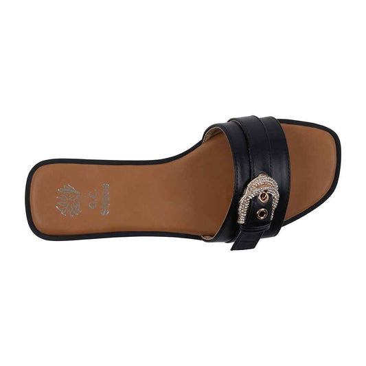 Women's Kenna Black Embellished Buckle Flat Sandals