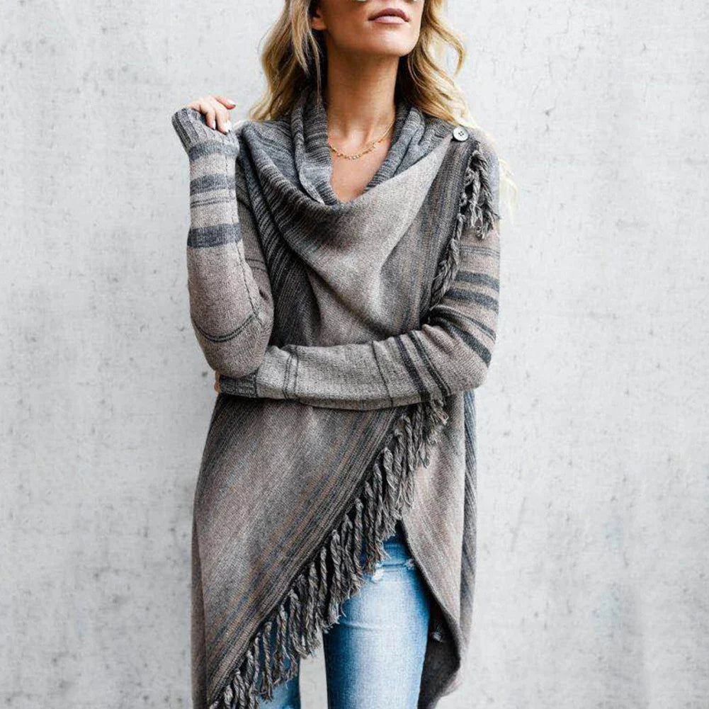 Long Striped Cardigan Coat For Women Poncho Tassels Shawl Loose Sweater Knitted Cardigans Casual Jacket Female Coat Autumn