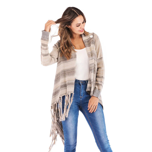 Long Striped Cardigan Coat For Women Poncho Tassels Shawl Loose Sweater Knitted Cardigans Casual Jacket Female Coat Autumn