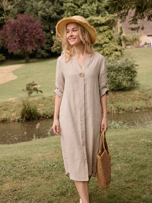 100% Linen Stand Collar V-Slit Tab Sleeve Maxi Dress LEORA