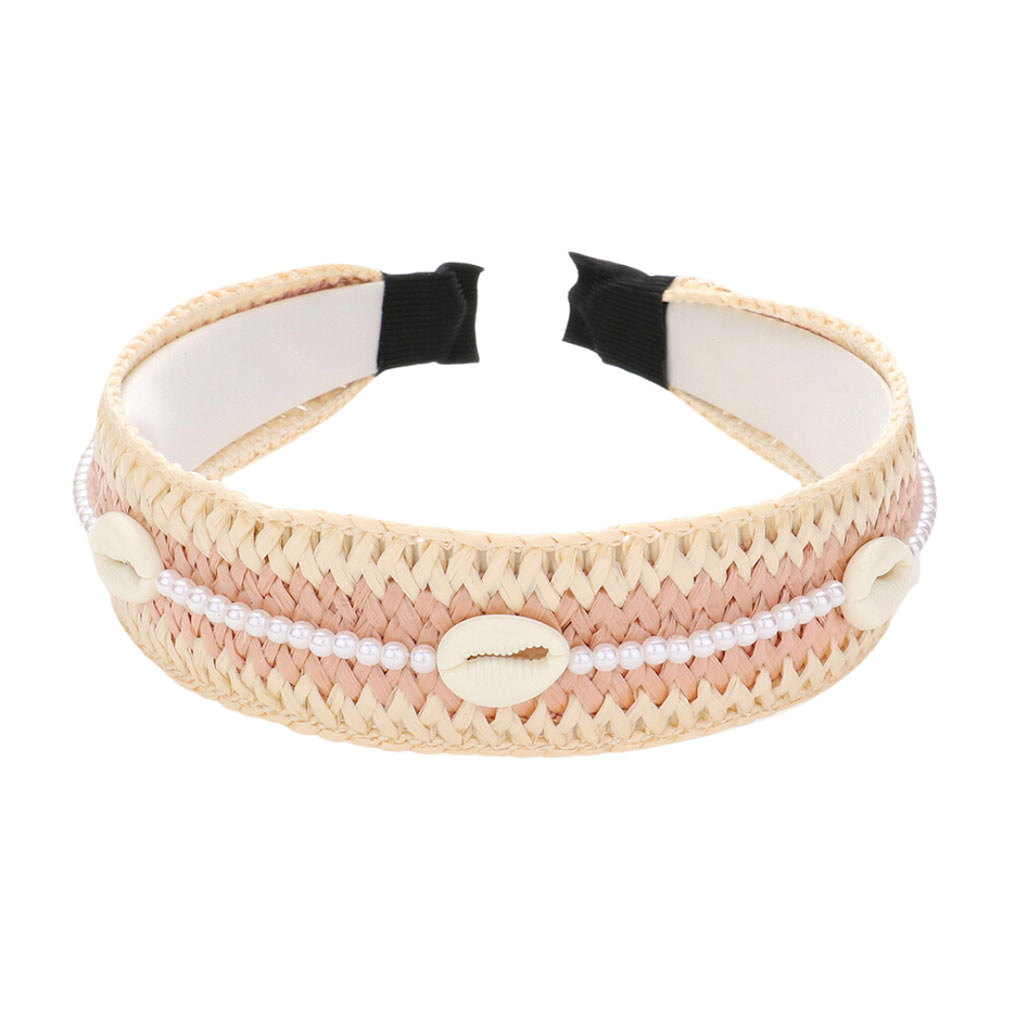 Pearl Puka Shell Embellished Woven Straw Headband