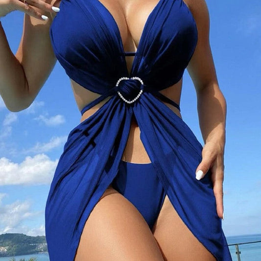 Solid Color Hollow Out Halter Bikini Three Pieces Swimsuit Women's Bikini Swimwear