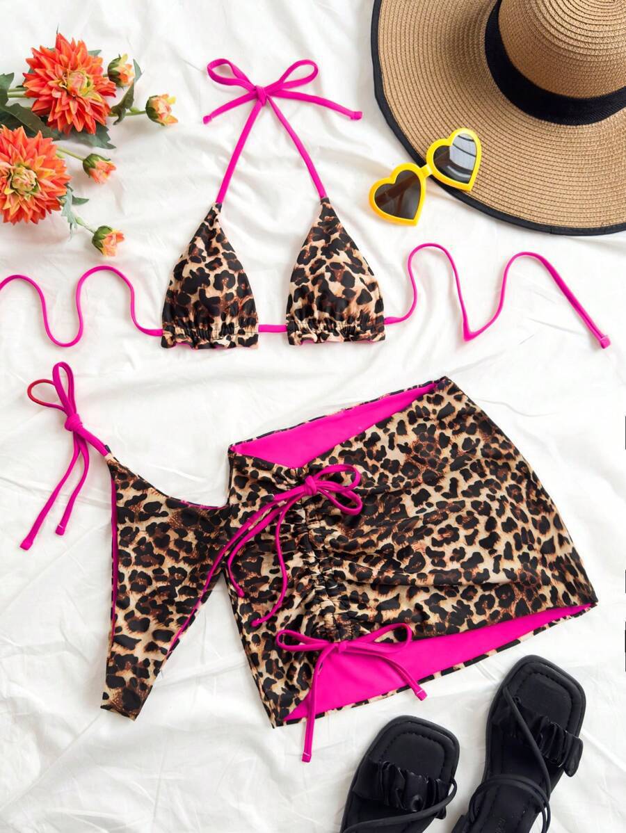 Color Block Bikini Three Piece Swimsuit Sexy Backless Skirted Bikini Swimwear for Women