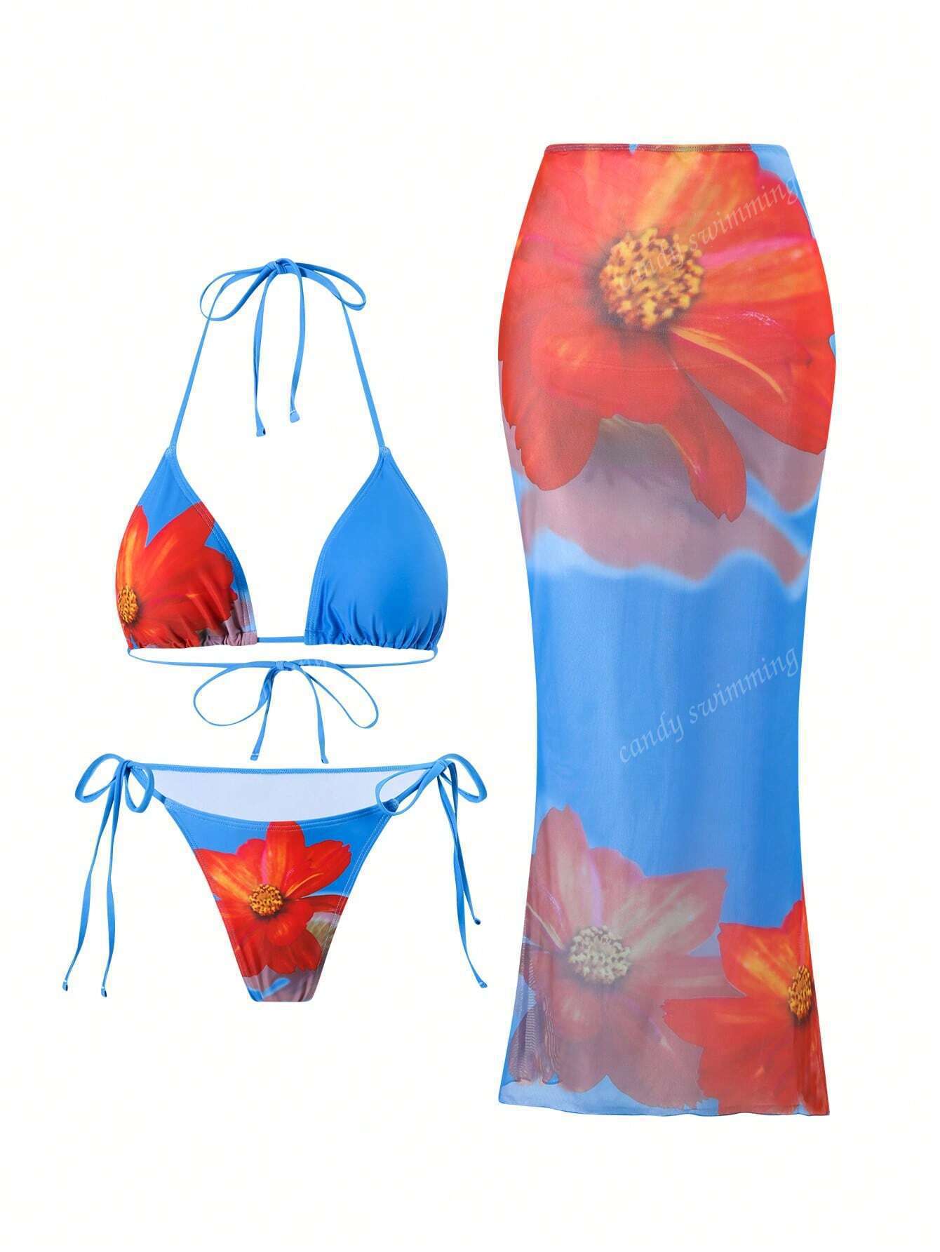 Apron Three Piece Bikini Vintage Print Long Skirt Swimsuit Women's Swimwear