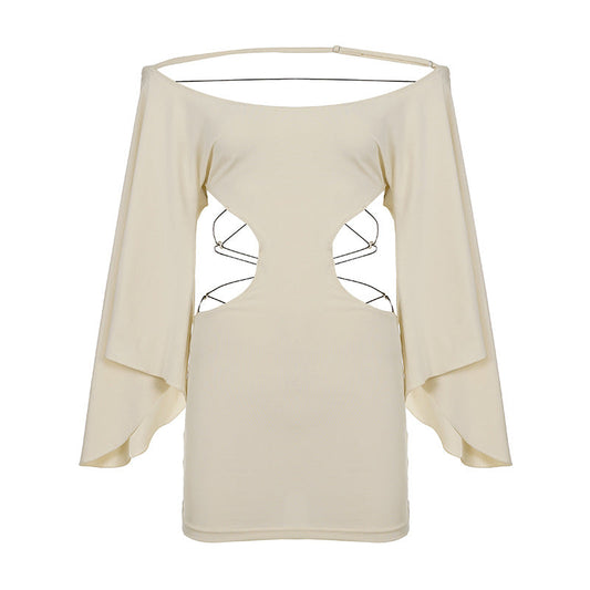 Women Clothing Crossover Lace Up Cutout Off Shoulder Batwing Sleeve Designer Dress