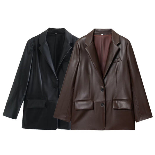 Women's Lapel Leather Blazer