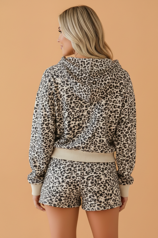 Leopard Zip-Up Hoodie & Drawstring Shorts Set