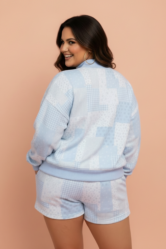 Plus Size Floral Patchwork Pullover and Shorts Set