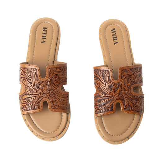 Myra Carmina Anne Tan Embossed Leather Slip-On Sandals for Women – Western H-Cut Slides with Studded Trim