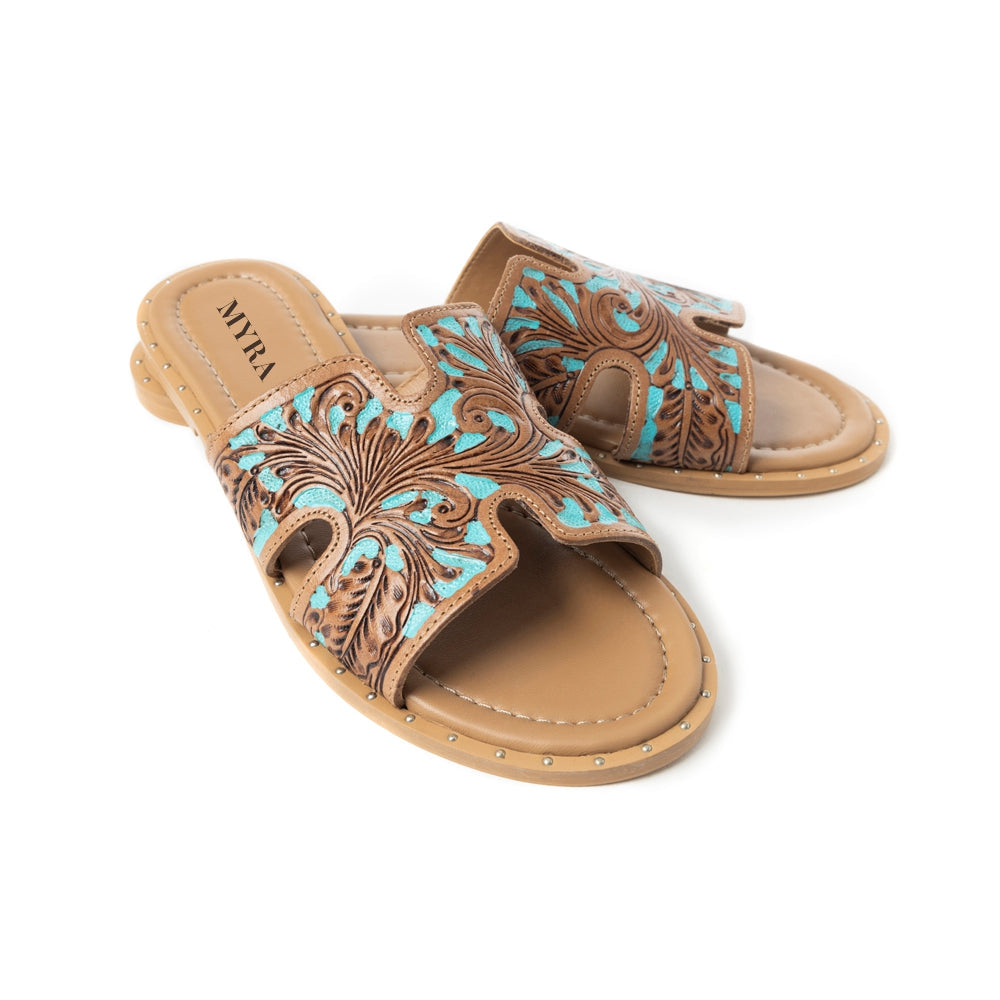 Myra Carmina Blue Embossed Leather Slip-On Sandals for Women – Western H-Cut Slides with Studded Trim