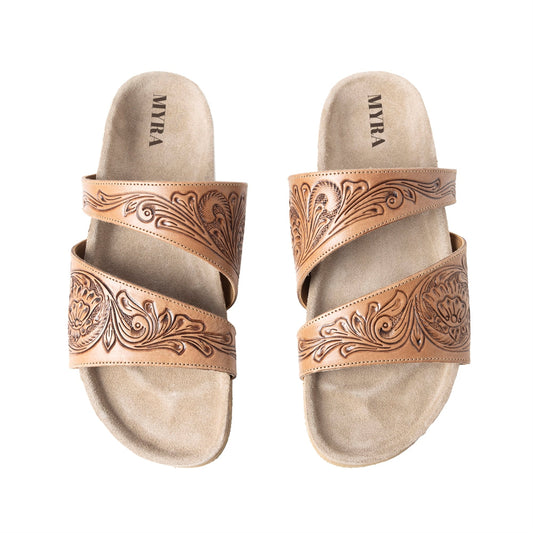 Myra Westward Wind Handtooled Leather Slide Sandals for Women – Cross-Strap Design with Soft Cork Sole for Cushioned Western Comfort
