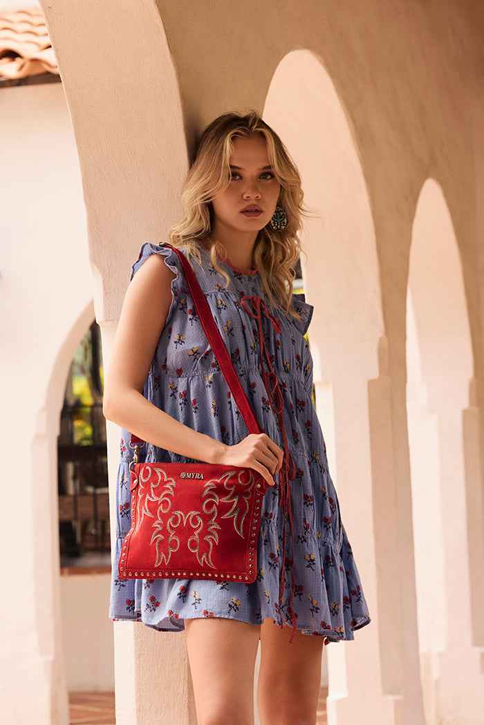 Myra Texas Rose Embroidered Leather Sling Bag for Women – Suede Finish with Silver Studded Detail