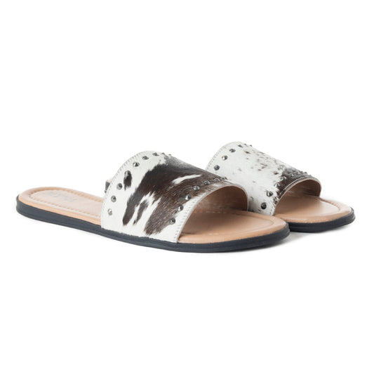 Myra Wild Dust Hairon Leather Slide Sandals – Studded Flats for Women, Slip-On Comfort with Western Charm