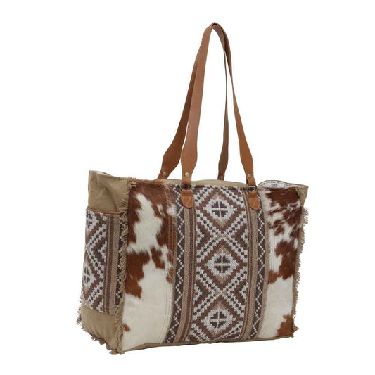 Myra Elisa Leather Weekender Bag - Spacious Cowhide Travel Tote with Tribal Woven Panel and Dual Shoulder Straps