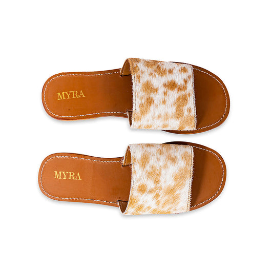 Myra Kemma Hairon Slide Sandals for Women – Comfortable Flat Slides with Tan & White Speckle Print for Western Summer Outings