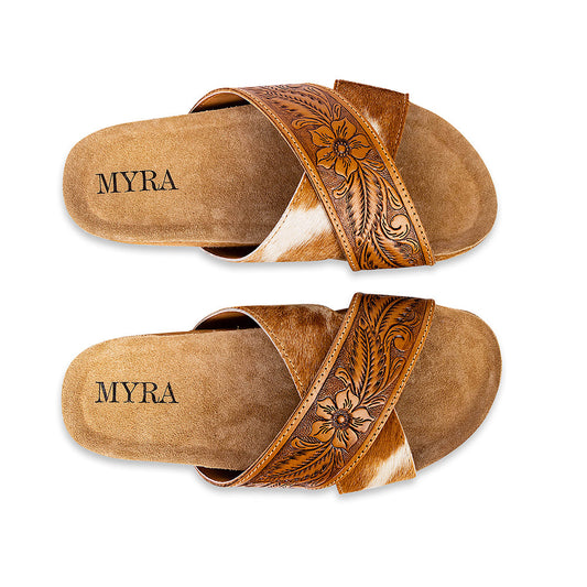 Myra Prairie Handtooled Leather Slide Sandals for Women – Floral Western Design, Soft Cork Footbed for Comfort