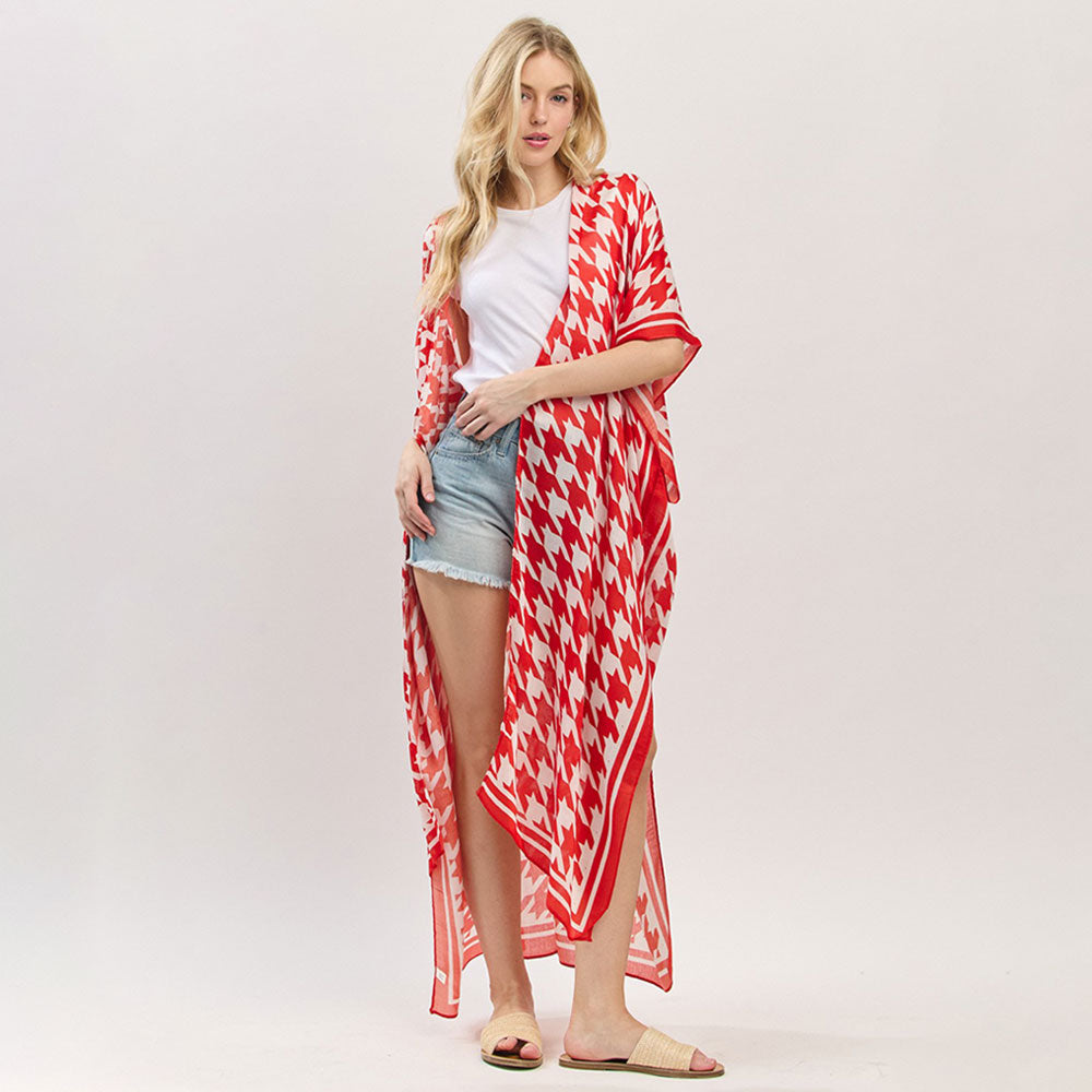 Houndstooth Print Open Front Long Kimono Poncho
