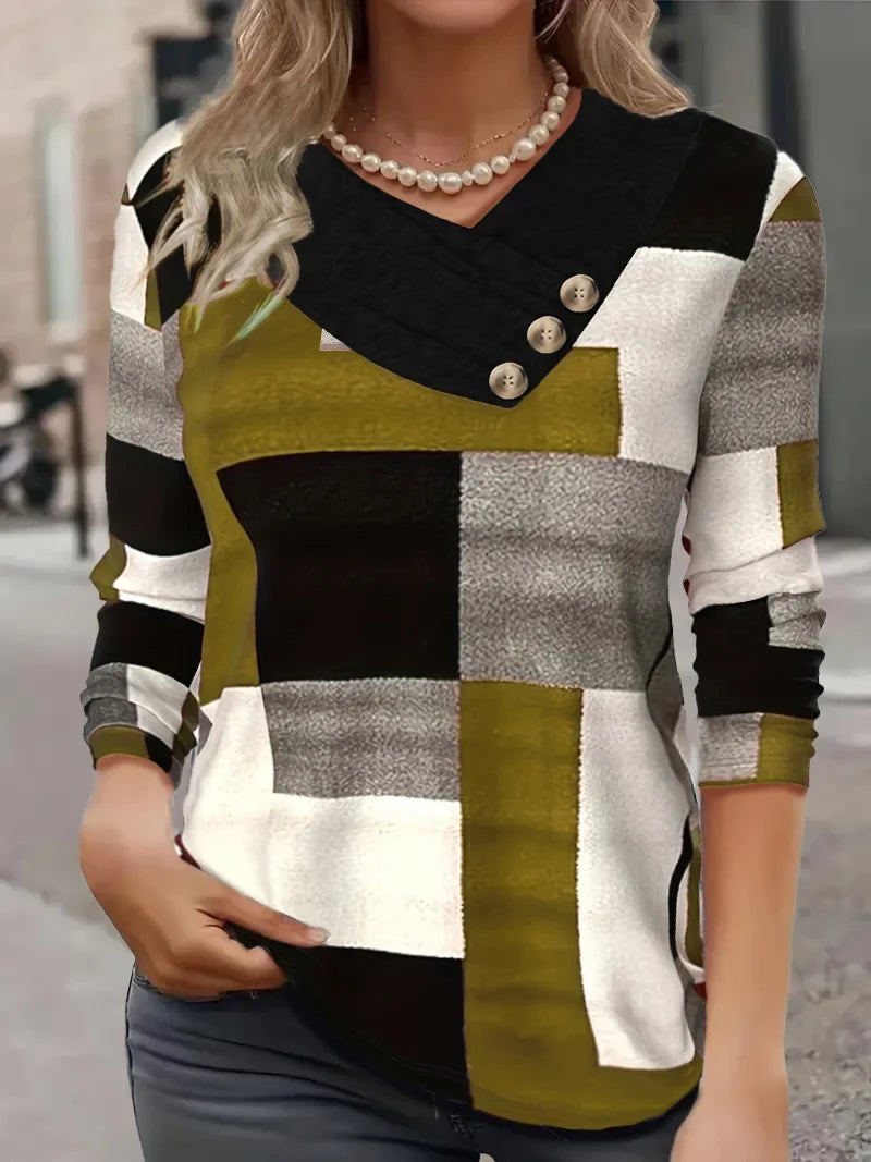Autumn Thin Fashion Plaid Print V-Neck Button Plus Size Women's Long