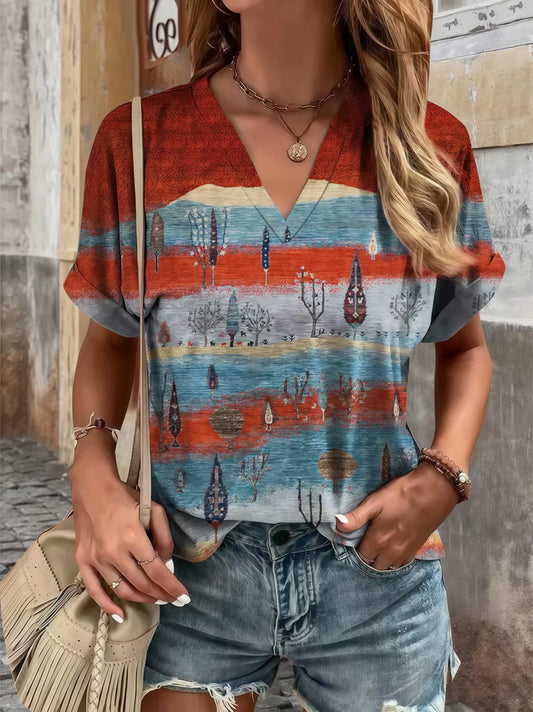 Plus Size Women's V-Neck Fold Sleeve T-Shirt - Ethnic Floral Print Loose Fit Blouse, Fashionable & Elegant Summer Casual Top
