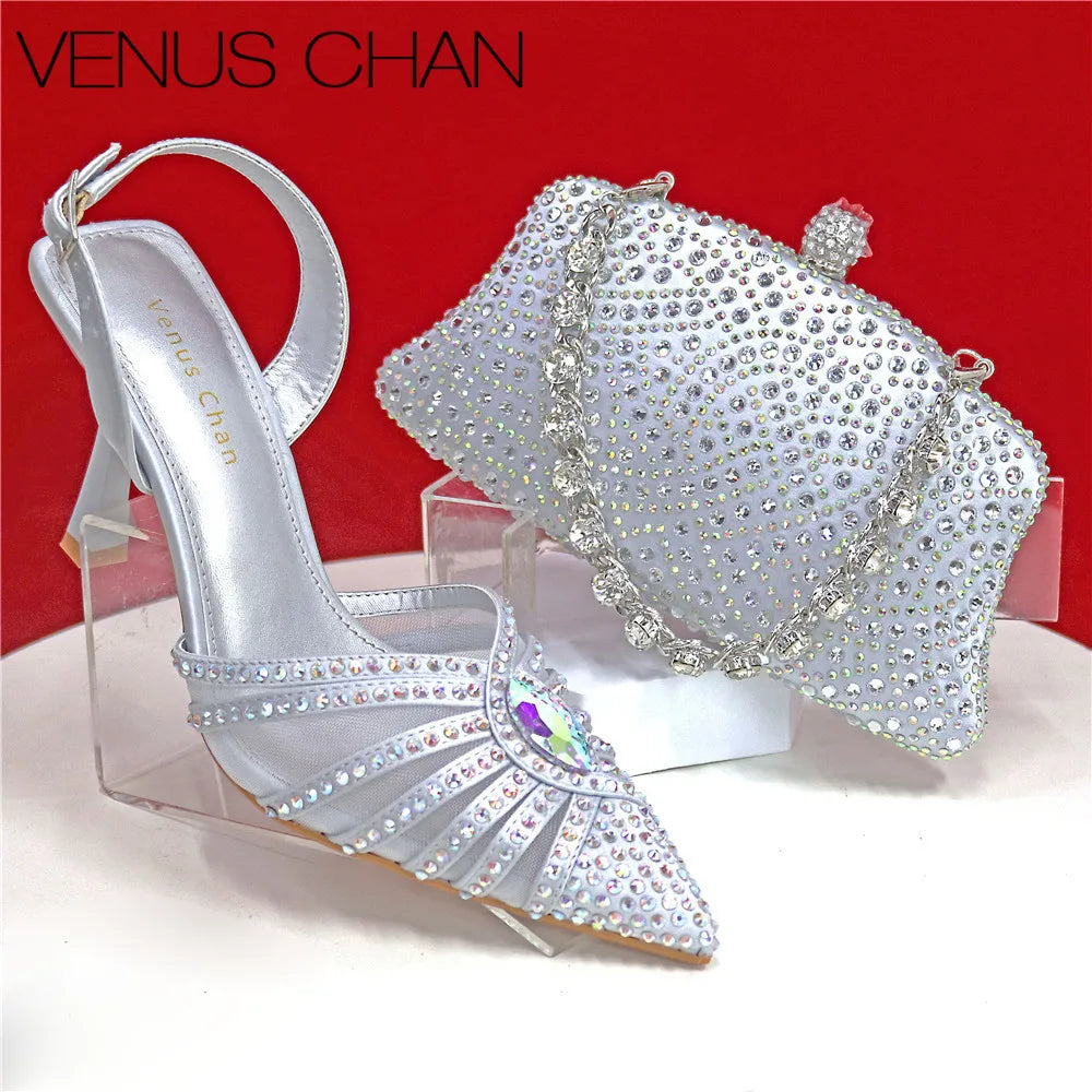Women's Green Heels and Rhinestone Handbag Set