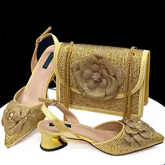 Italian Shoes And Bag Sets With Stones gold HDF1-3